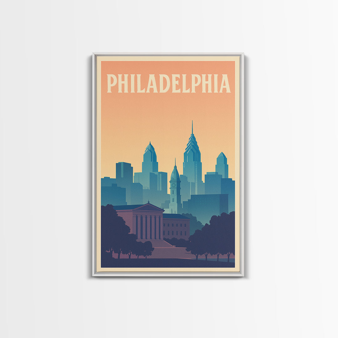 Philadelphia Travel Poster, Framed Canvas Print, Retro Sunset Skyline Art, Philadelphia City Art, Retro Travel Print, City Travel Prints