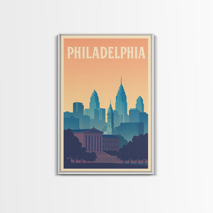 Philadelphia Travel Poster, Framed Canvas Print, Retro Sunset Skyline Art, Philadelphia City Art, Retro Travel Print, City Travel Prints