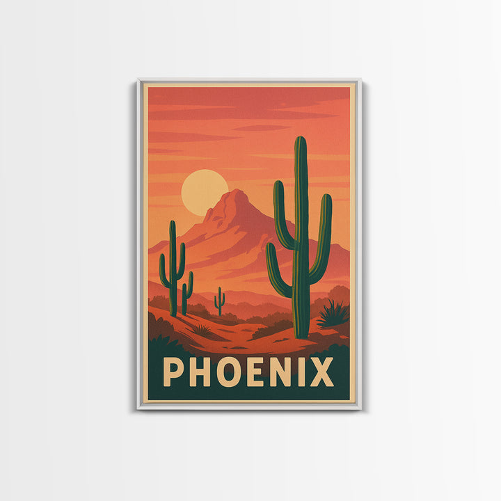 Phoenix Arizona Travel Poster, Framed Canvas Print, Retro Sunset Skyline Art, Phoenix Travel Art, Vintage Travel Print, Vintage City Poster