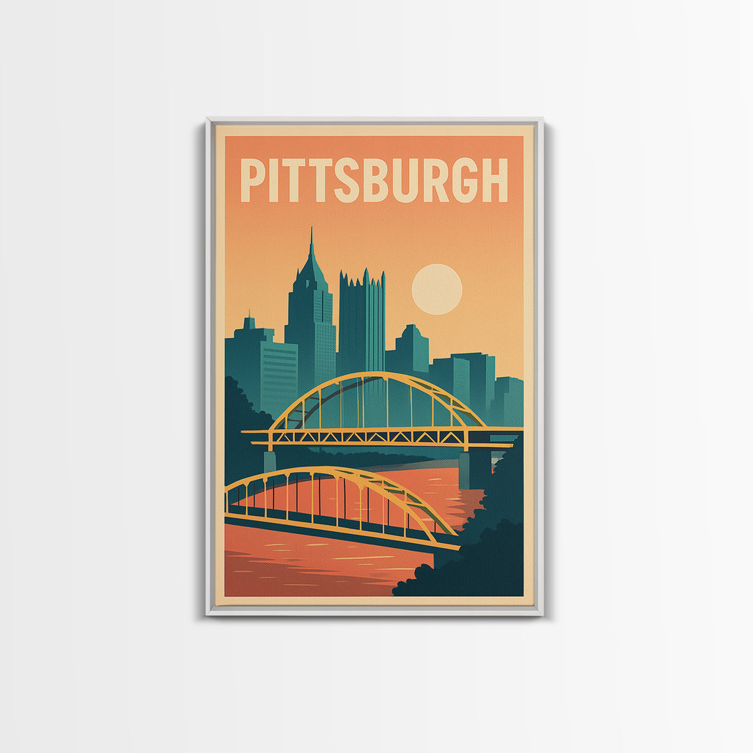 Pittsburgh Travel Poster, Framed Canvas Print, Mid Century City Wall Art, Pittsburgh Poster Print, Home Office Decor, Retro Travel Print