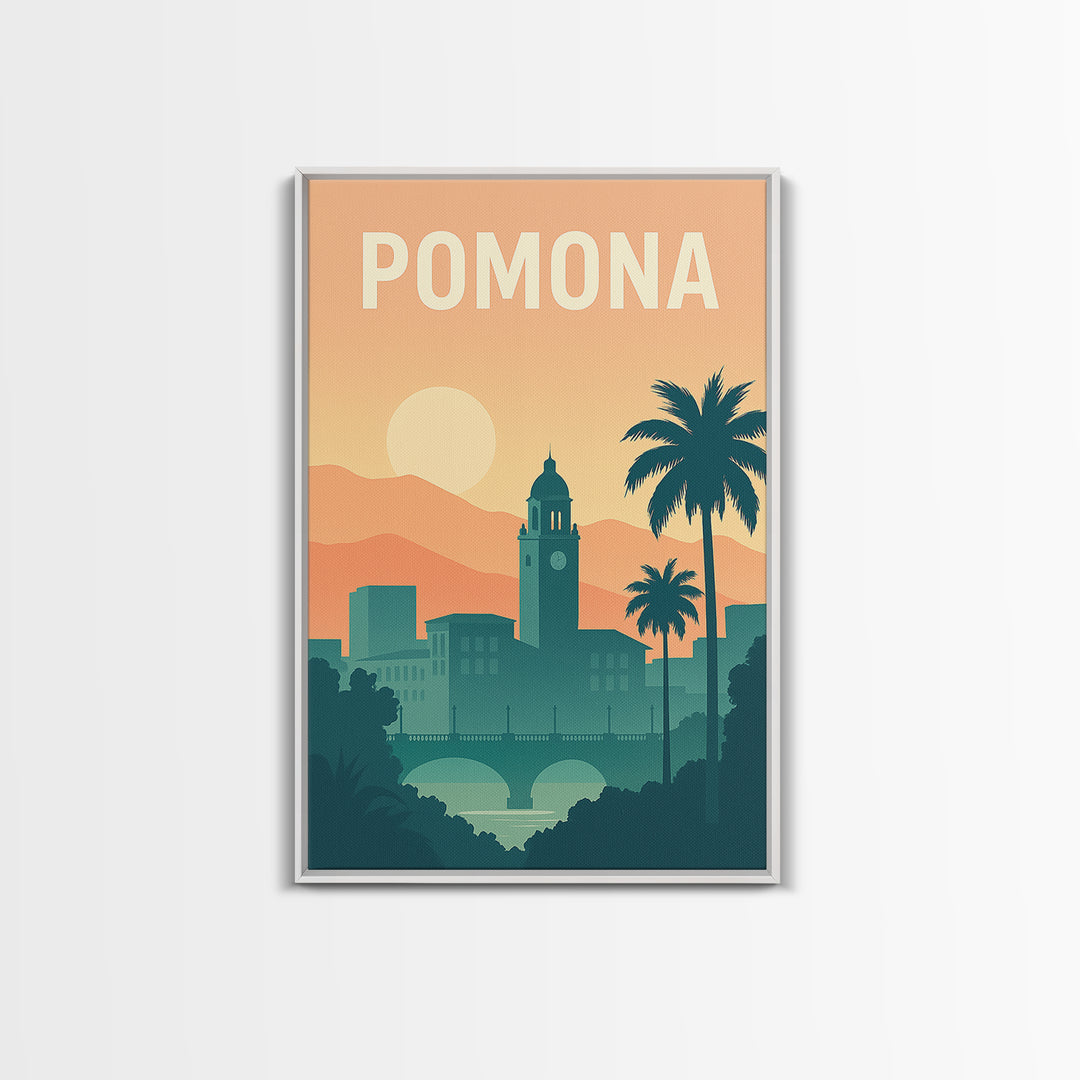 Pomona Travel Poster, Canvas Print, Retro Sunset Skyline Art, Pomona Travel Art, City Illustration, City Art Print, Travel Poster Art