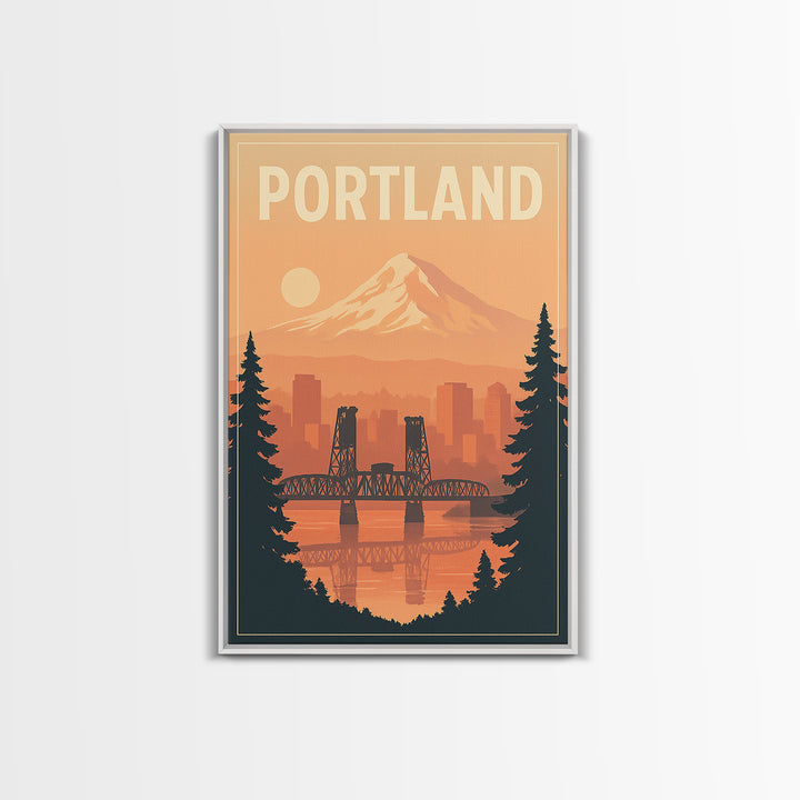 Portland Oregon Travel Poster, Framed Canvas Print, Retro Sunset Skyline Art, Portland Travel Art, City Illustration, Travel Poster Art