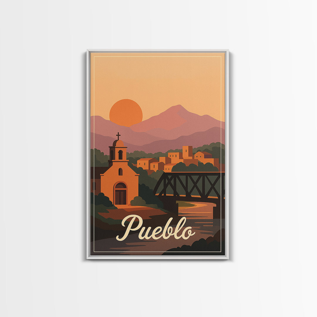 Pueblo Colorado Travel Poster, Canvas Print, Retro Sunset Skyline Art, Pueblo Wall Art, Retro Travel Print, Modern Wall Decor, Travel Gift