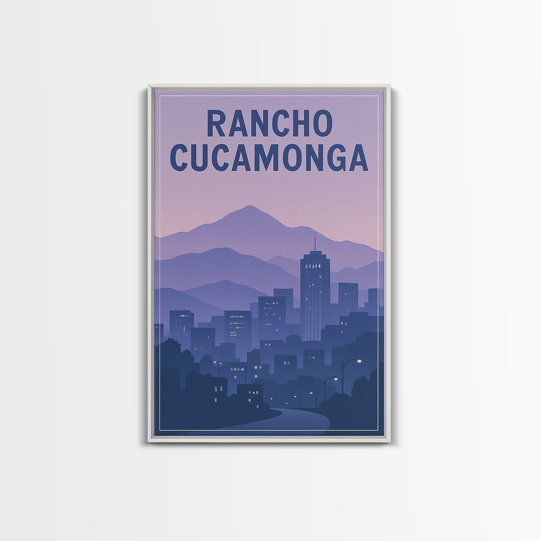 Rancho Cucamonga California Travel Poster, Framed Canvas Print, Retro Sunset Skyline Art, Rancho Cucamonga Poster Print, Eclectic Wall Decor