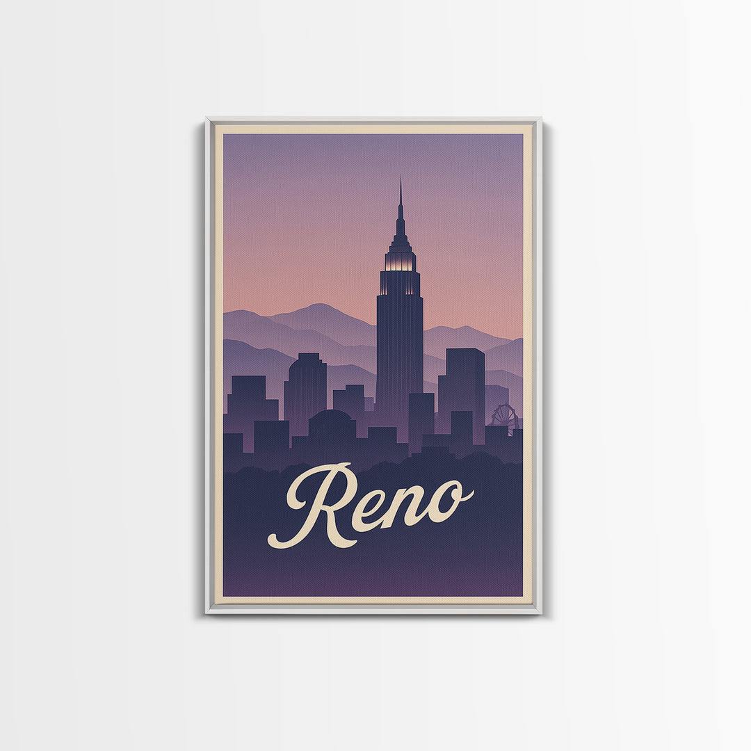 Reno Travel Poster, Canvas Print, Retro Sunset Skyline Art, Reno Art Print, City Illustration, Wanderlust Decor, Mid Century Wall Art