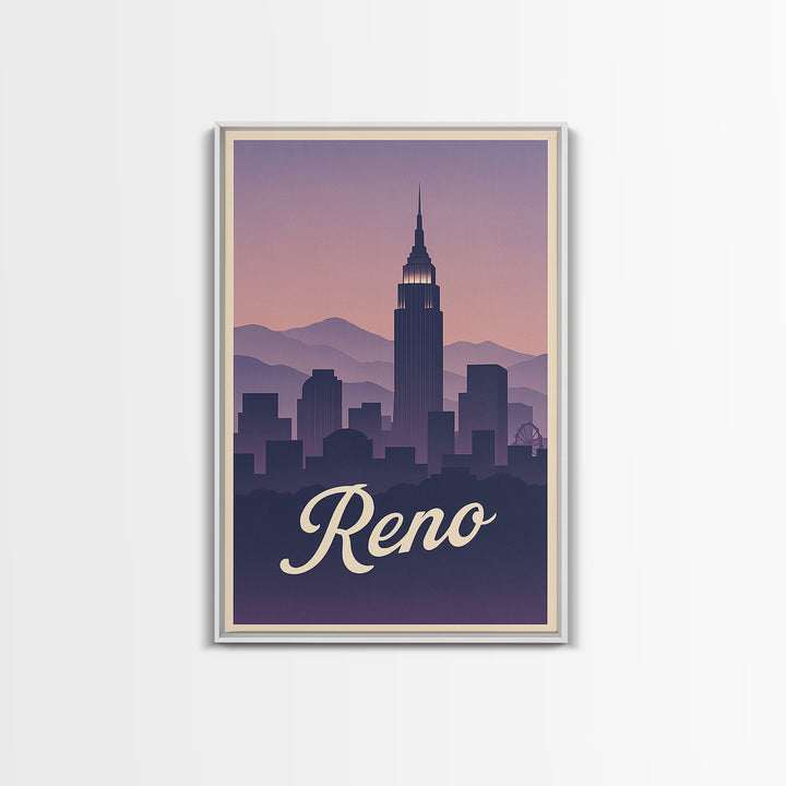 Reno Travel Poster, Canvas Print, Retro Sunset Skyline Art, Reno Art Print, City Illustration, Wanderlust Decor, Mid Century Wall Art