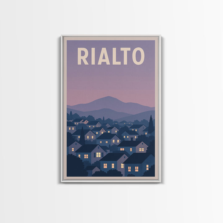 Rialto Travel Poster, Framed Canvas Print, Retro Sunset Skyline Art, Rialto Wall Art, Watercolor Skyline Art, Travel Poster Art, Design 2