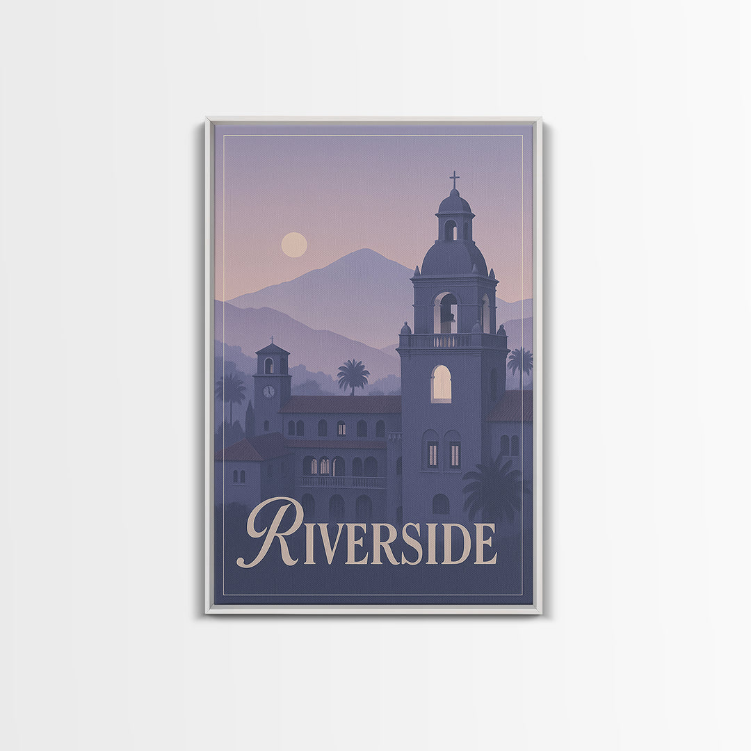 Riverside Travel Poster, Framed Canvas Print, Classic Travel Poster Art, Riverside Wall Art, Eclectic Wall Decor, City Illustration