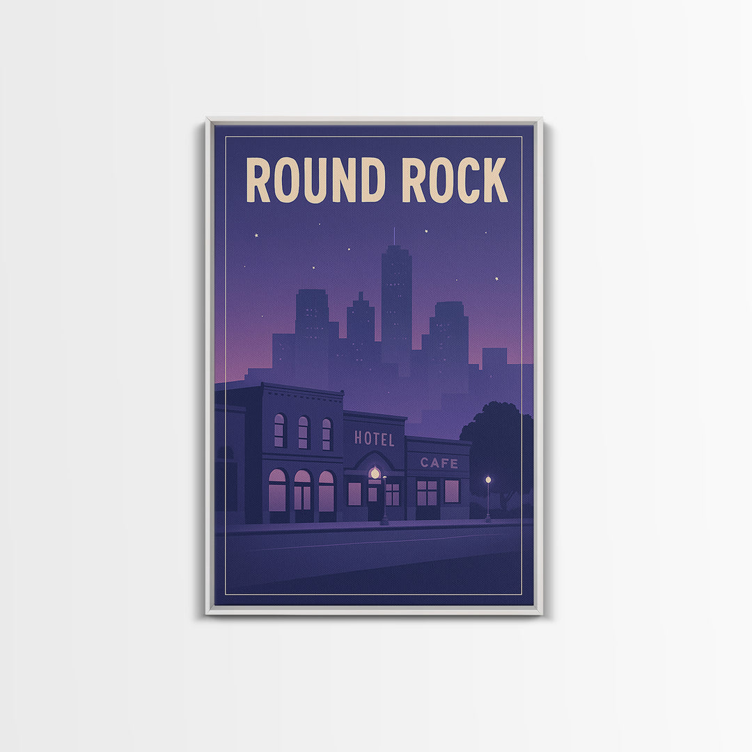 Round Rock Travel Poster, Framed Canvas Print, Retro Sunset Skyline Art, Round Rock Poster Print, Travel Art Print, Living Room Wall Art