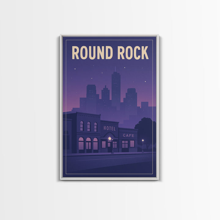 Round Rock Travel Poster, Framed Canvas Print, Retro Sunset Skyline Art, Round Rock Poster Print, Travel Art Print, Living Room Wall Art