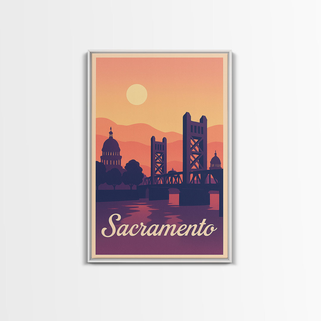 Sacramento California Travel Poster, Canvas Print, Retro Sunset Skyline Art, Sacramento Art Print, Wall Art, Mid Century Wall Art