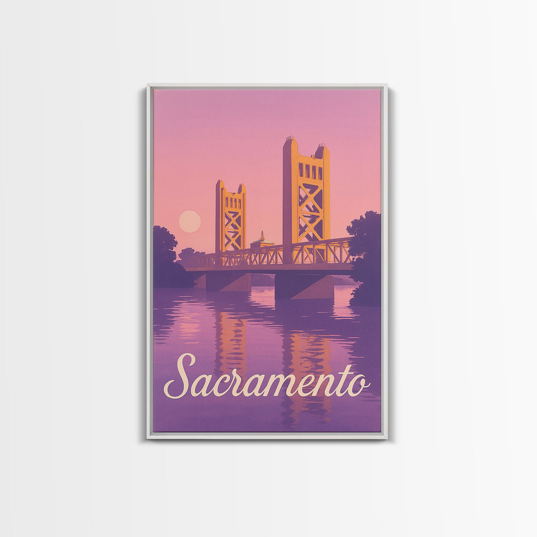 Sacramento Travel Poster, Canvas Print, Retro Sunset Skyline Art, Sacramento Art Print, Mid Century Wall Art, Gift For Travelers