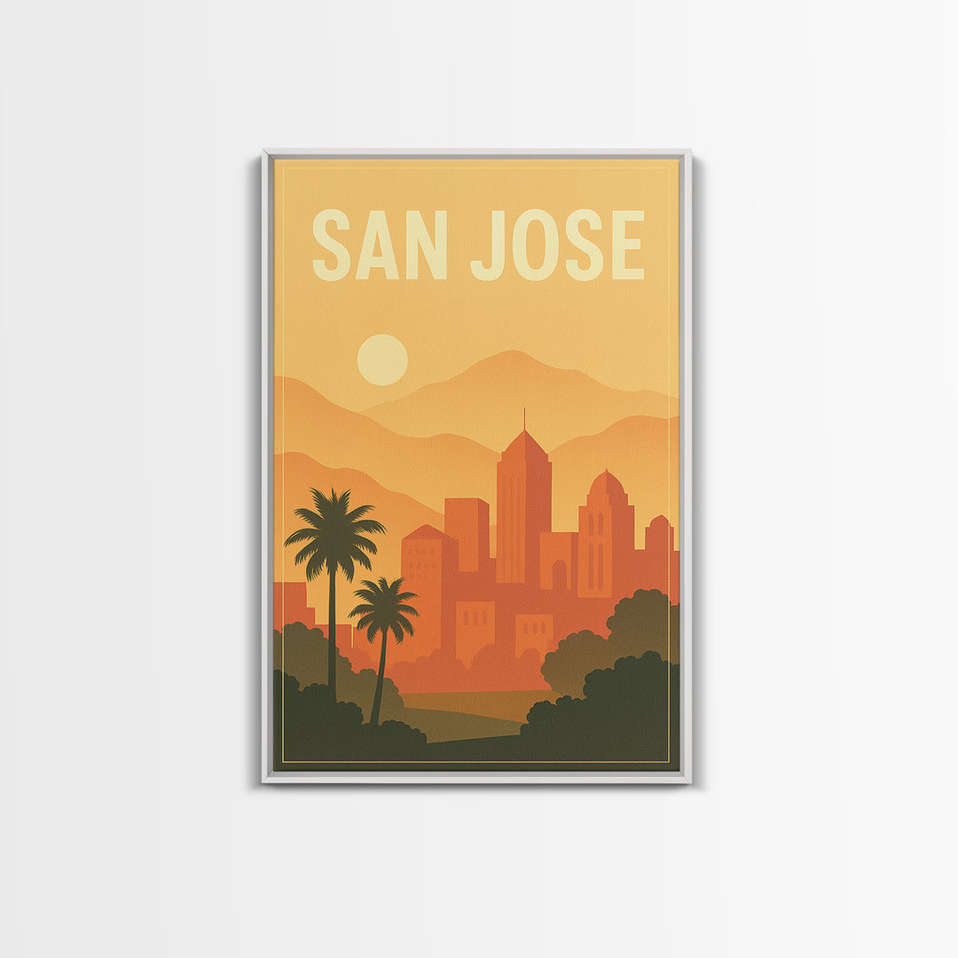 San Jose California Travel Poster, Framed Canvas Print, Retro Sunset Skyline Art, San Jose Poster Print, Fine Art Print, Vintage City Art