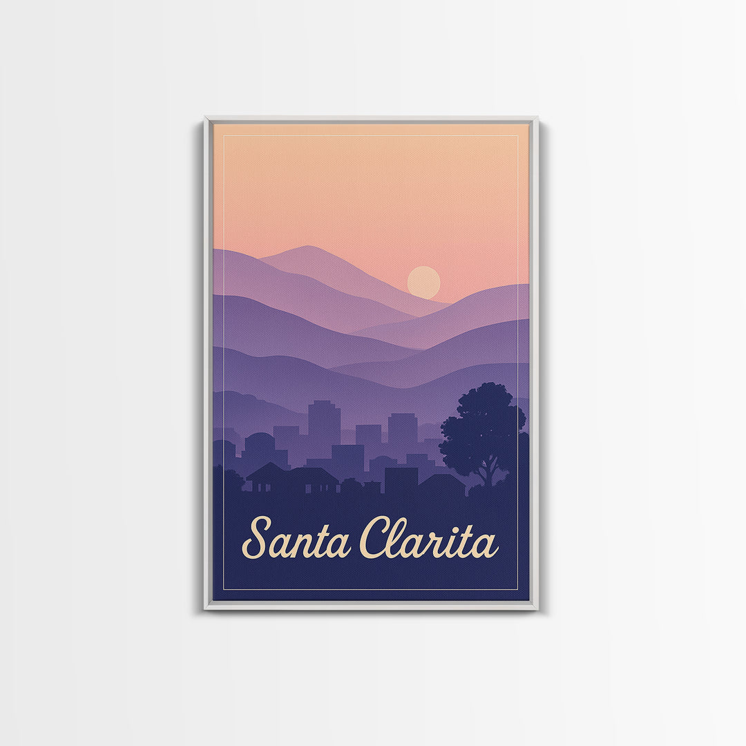 Santa Clarita Travel Poster, Framed Canvas Print, Retro Sunset Skyline Art, Santa Clarita Art Print, Travel Wall Decor, Modern Wall Decor