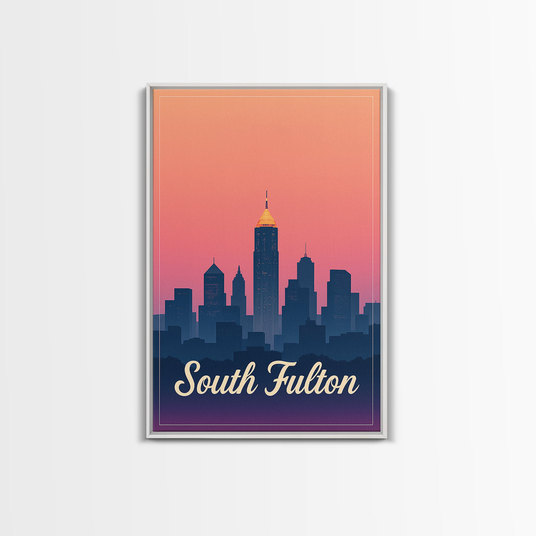South Fulton Georgia Travel Poster, Canvas Print, Retro Sunset Skyline Art, South Fulton Wall Art, Gift For Travelers, Mid Century Wall Art