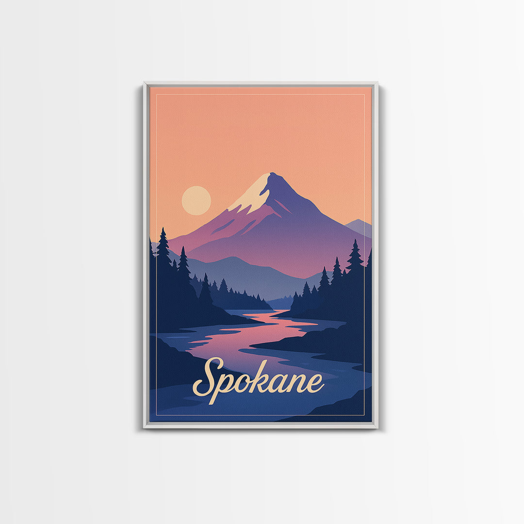 Spokane Washington Travel Poster, Canvas Print, Retro Sunset Skyline Art, Spokane Travel Art, Retro Travel Print, Watercolor Urban Skyline