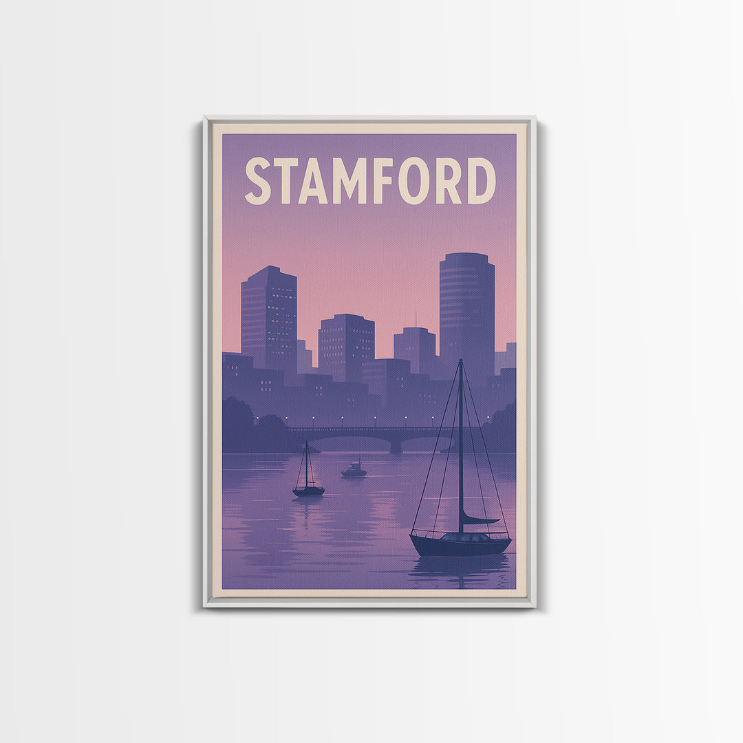 Stamford Travel Poster, Framed Canvas Print, Mid Century City Wall Art, Stamford Travel Art, Travel Poster Art, City Illustration