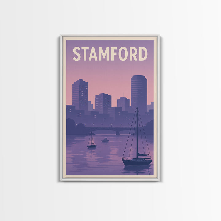 Stamford Travel Poster, Framed Canvas Print, Mid Century City Wall Art, Stamford Travel Art, Travel Poster Art, City Illustration