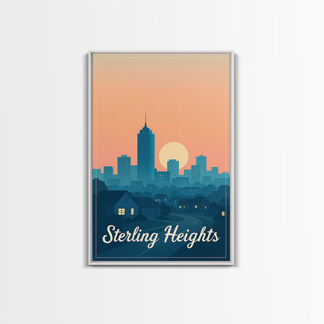 Sterling Heights Michigan Travel Poster, Framed Canvas Print, Retro Sunset Skyline Art, Sterling Heights Wall Art, City Travel Prints