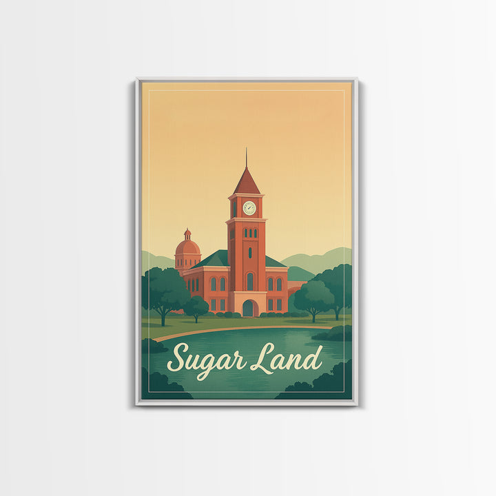 Sugar Land Texas Travel Poster, Framed Canvas Print, Mid Century City Wall Art, Sugar Land Travel Art, Travel Poster Art, Gift For Travelers