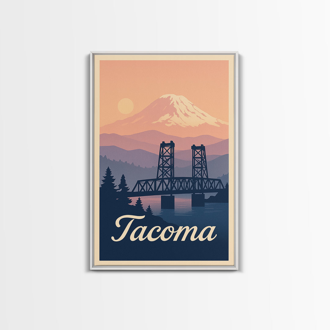 Tacoma Washington Travel Poster, Framed Canvas Print, Retro Sunset Skyline Art, Tacoma Poster Print, Eclectic Wall Decor, City Travel Prints
