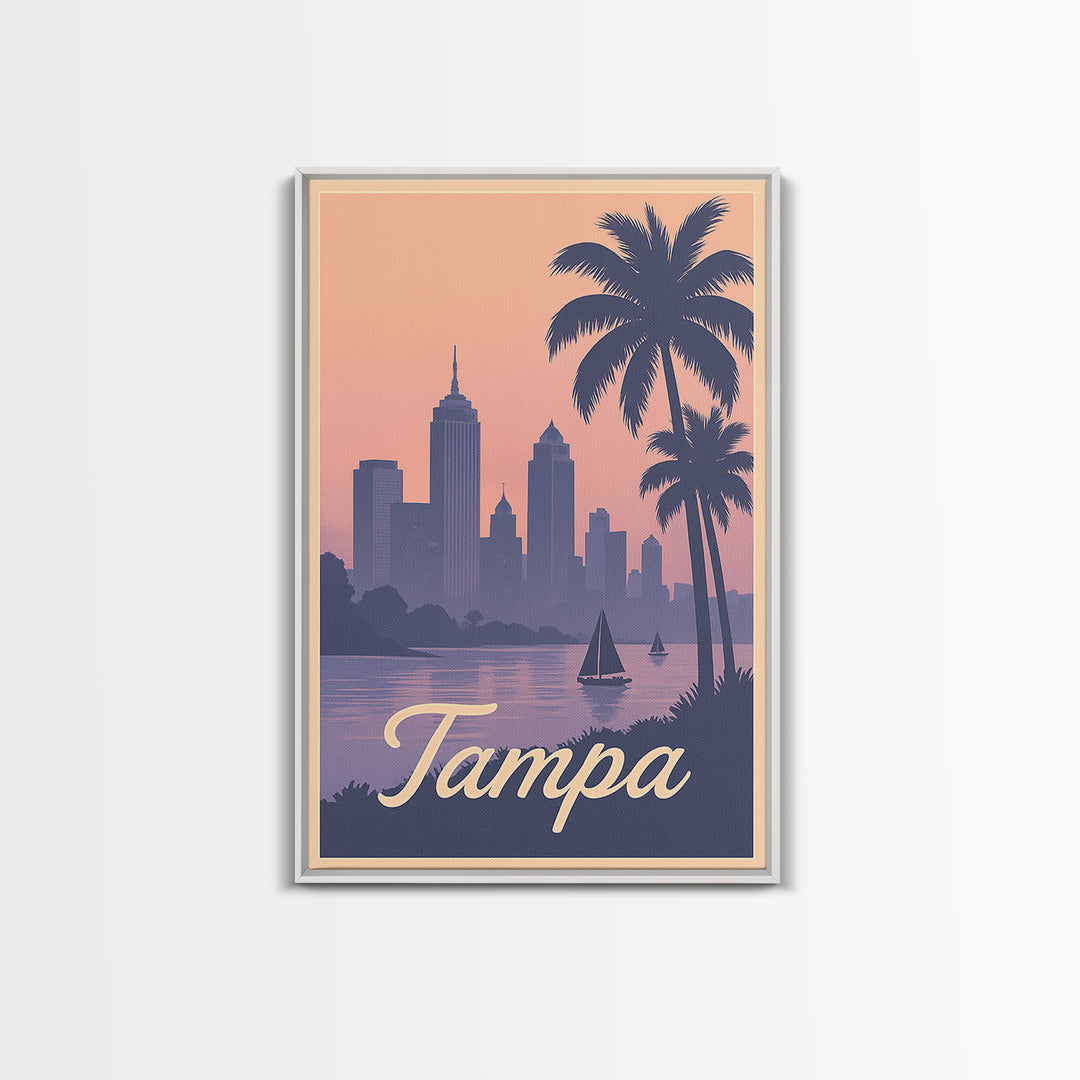 Tampa Travel Poster, Framed Canvas Print, Mid Century City Wall Art, Tampa Wall Art, City Travel Prints, City Illustration, City Art Print