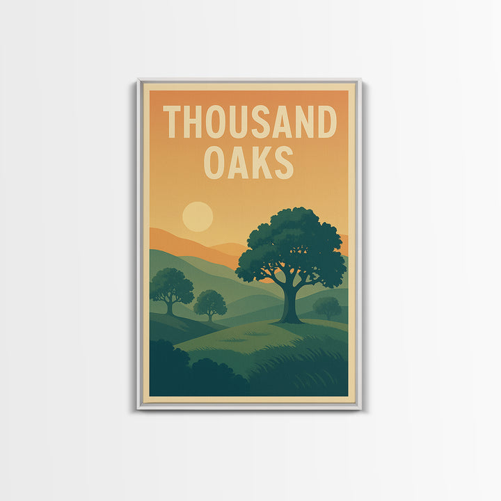 Thousand Oaks Travel Poster, Framed Canvas Print, Retro Sunset Skyline Art, Thousand Oaks Art Print, Vintage City Poster, Retro Travel Print