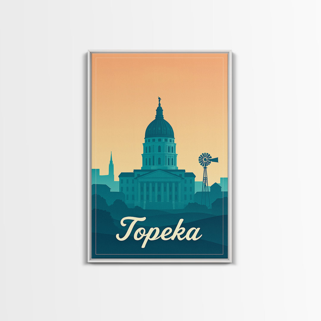 Topeka Kansas Travel Poster, Canvas Print, Retro Sunset Skyline Art, Topeka City Art, Gift For Travelers, Wall Art, Travel Art Print