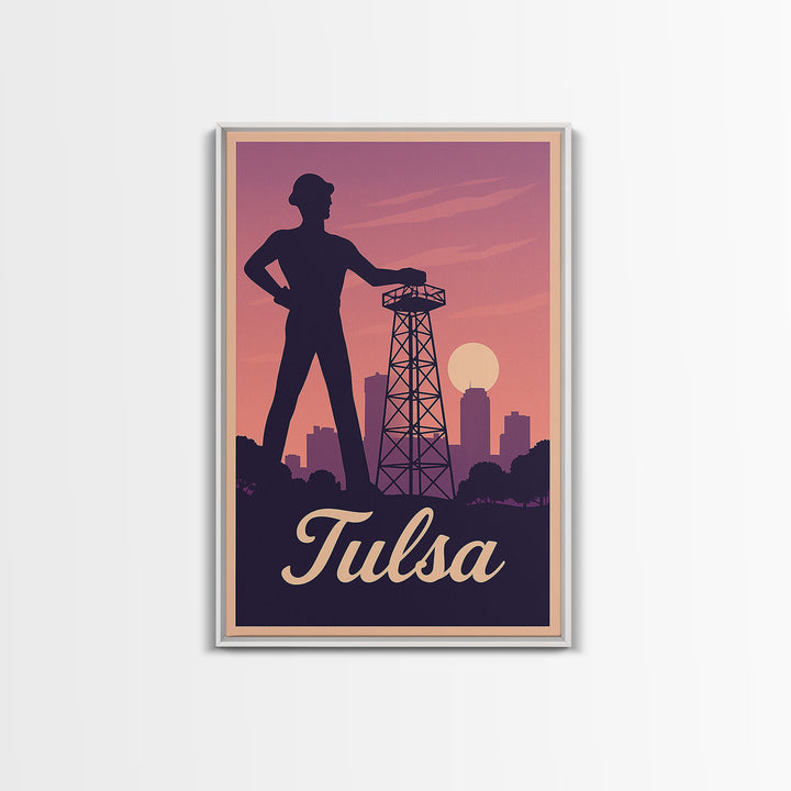 Tulsa Travel Poster, Framed Canvas Print, Retro Sunset Skyline Art, Tulsa Poster Print, Retro Travel Print, City Art Print, Travel Decor