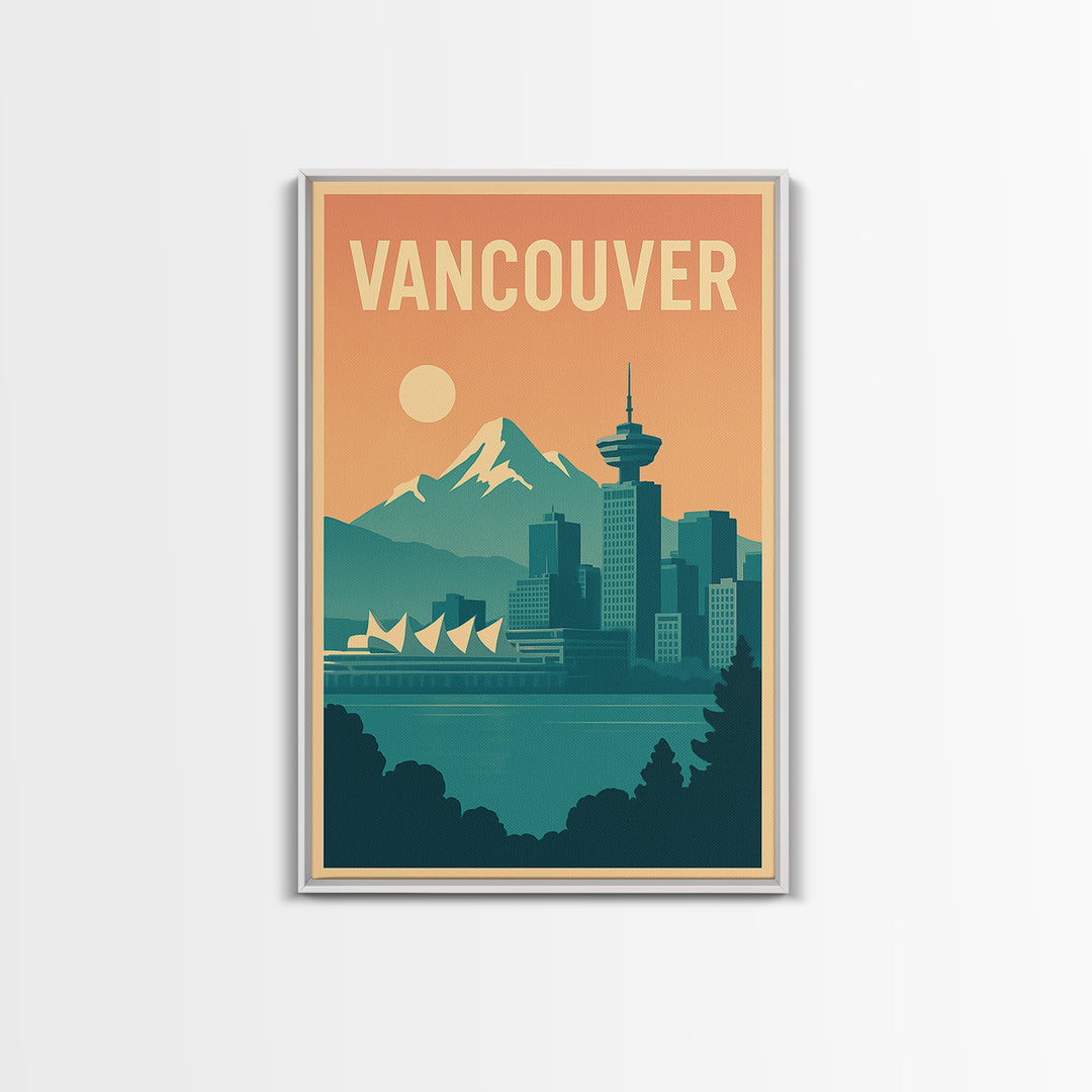 Vancouver Travel Poster, Canvas Print, Retro Sunset Skyline Art, Vancouver Wall Art, City Art Print, Vintage City Art, Fine Art Print