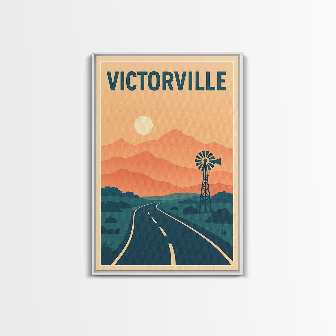 Victorville Travel Poster, Framed Canvas Print, Retro Sunset Skyline Art, Victorville Wall Art, City Art Print, Travel Poster Art