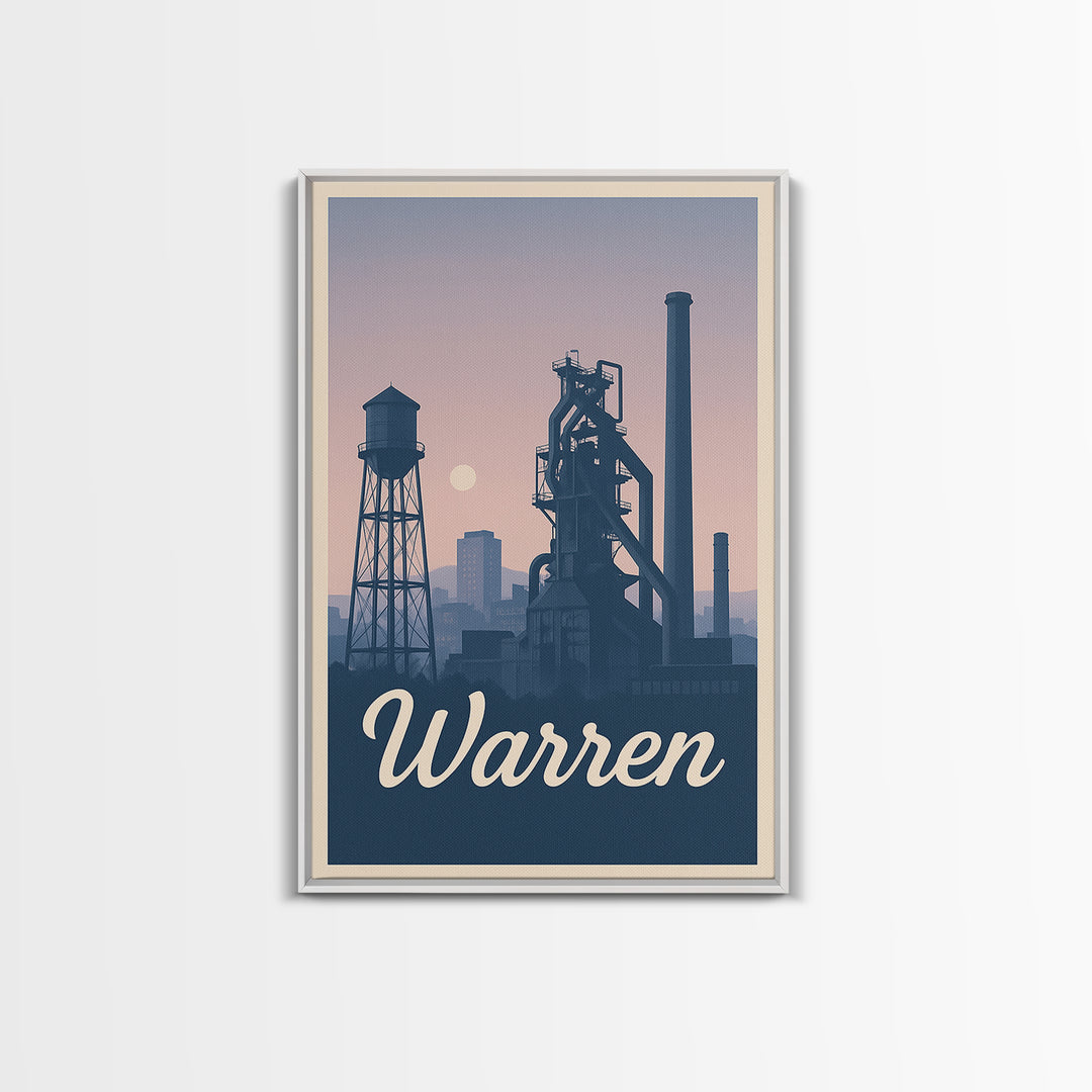 Warren Travel Poster, Framed Canvas Print, Retro Sunset Skyline Art, Warren City Art, Mid Century Wall Art, Modern Wall Decor, Design 2