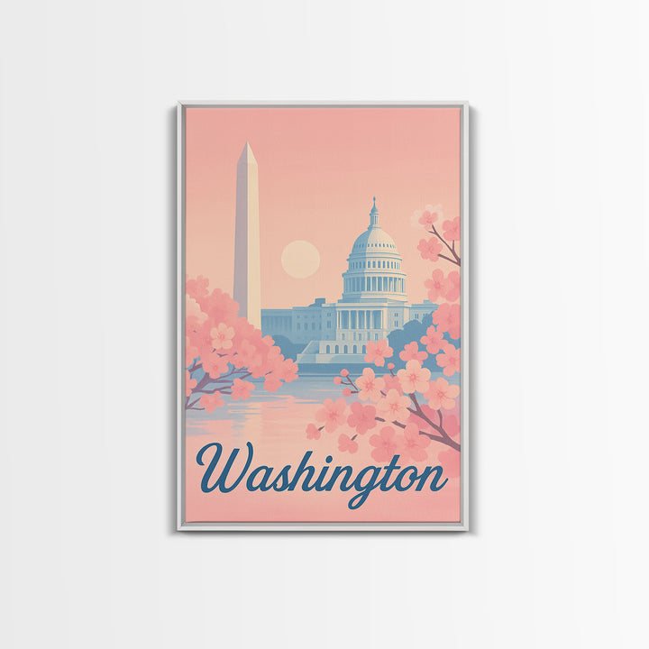 Washington Travel Poster, Framed Canvas Print, Retro Sunset Skyline Art, Washington Poster Print, Vintage City Poster, City Art Print