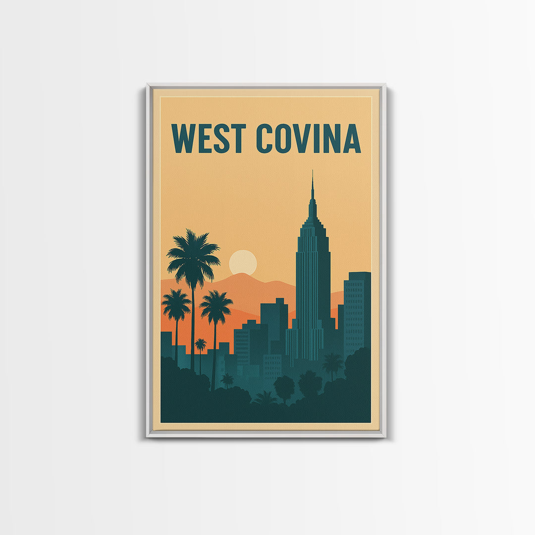 West Covina Travel Poster, Framed Canvas Print, Retro Sunset Skyline Art, West Covina Poster Print, Eclectic Wall Decor, Home Office Decor