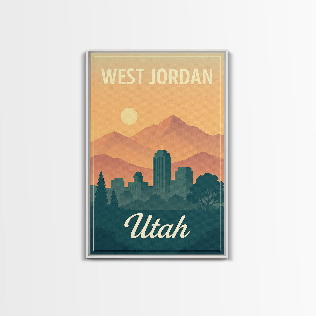 West Jordan Travel Poster, Framed Canvas Print, Retro Sunset Skyline Art, West Jordan Travel Art, City Illustration, Modern Wall Decor