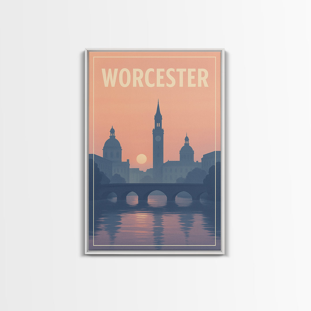 Worcester Massachusetts Travel Poster, Canvas Print, Sunset Skyline Art, Worcester Travel Art, Travel Poster Set, Watercolor City Skyline