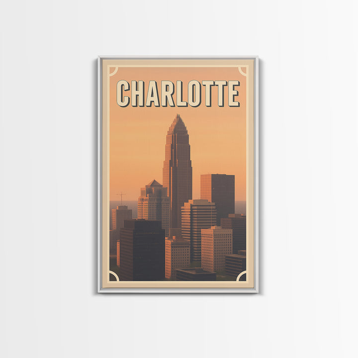 Charlotte Travel Poster, Framed Canvas Print, Vintage Theatre Style Art, Charlotte Poster Print, Gift For Travelers, Travel Poster Set