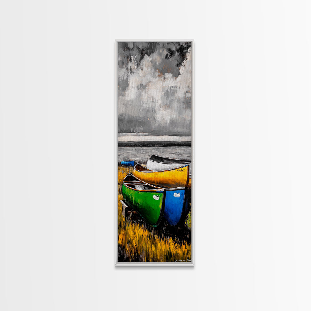 Abstract Canoe Painting Canvas Print Nautical Decor Rustic Wall Art Coastal Landscape Art Blue and Green Wall Art Tall Skinny Art