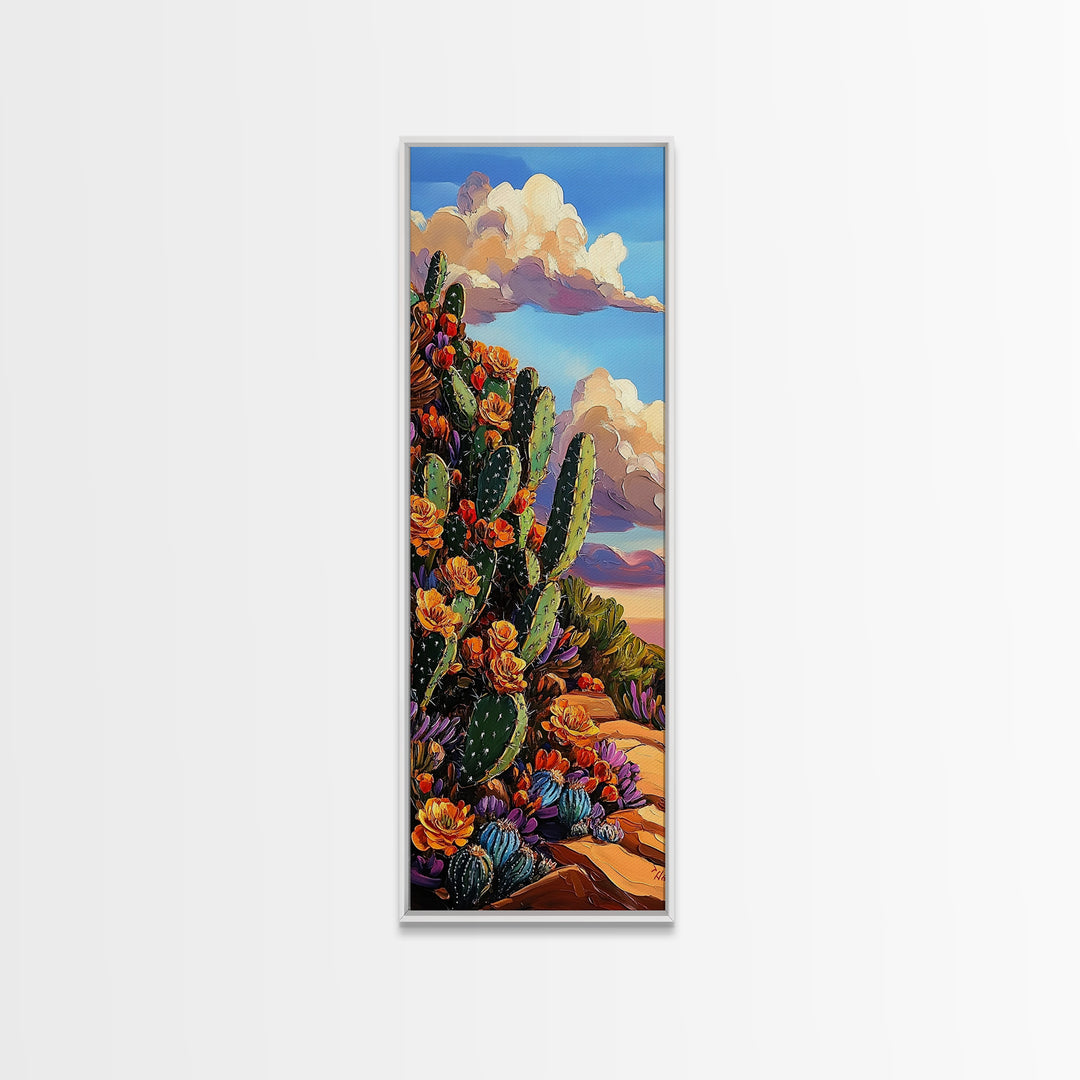 Blooming Cactus Art Framed Canvas Print Desert Floral Wall Art, Botanical Prints, Southwest Wall Art, Nature Art, Tall Narrow Art