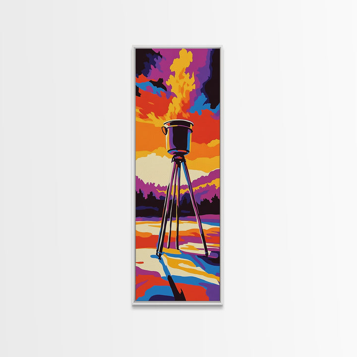 Campfire Under Sunset Framed Canvas Print Southwest Wall Art Rustic Art Moody Art Tall Skinny Art Living Room Art