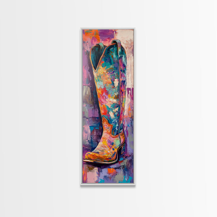 Colorful Cowboy Boot Oil Painting Framed Canvas Print, Whimsical Art, Rustic Wall Art, Extra Wide Art, Southwest Wall Art