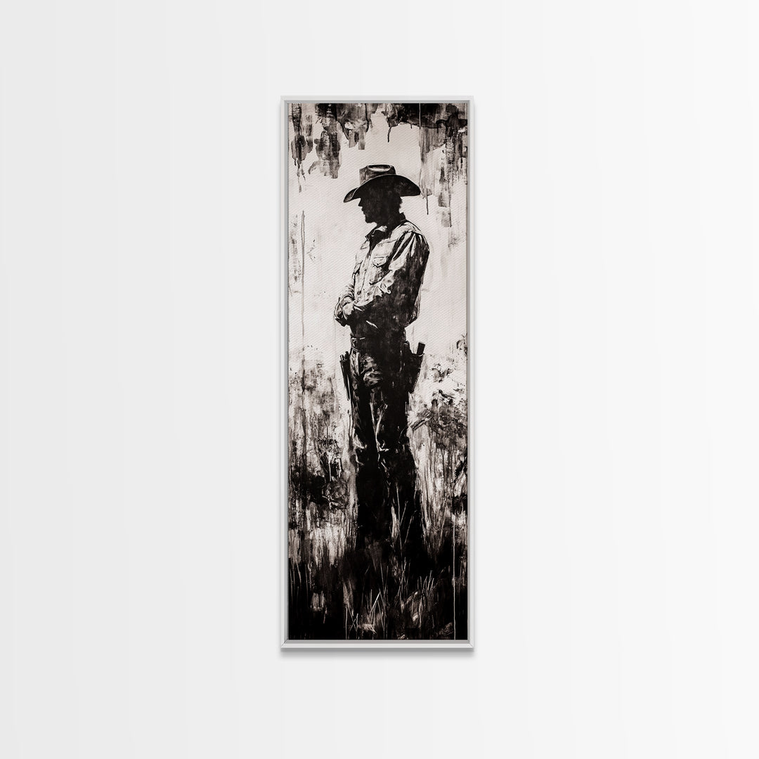 Black and White Cowboy Art Framed Canvas Print, Rustic Wall Art, Moody Art, Southwest Wall Art, Vintage Horse Art, Tall Narrow Art