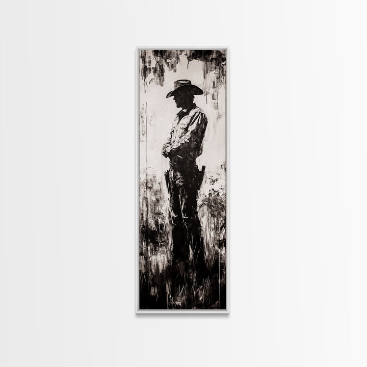 Black and White Cowboy Art Framed Canvas Print, Rustic Wall Art, Moody Art, Southwest Wall Art, Vintage Horse Art, Tall Narrow Art