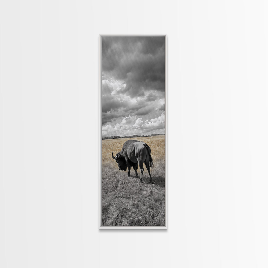 Lone Bison in Field Framed Canvas Print | Rustic Wall Art | Moody Art | Wildlife Painting | Farmhouse Decor | Southwest Wall Art | Gift Idea