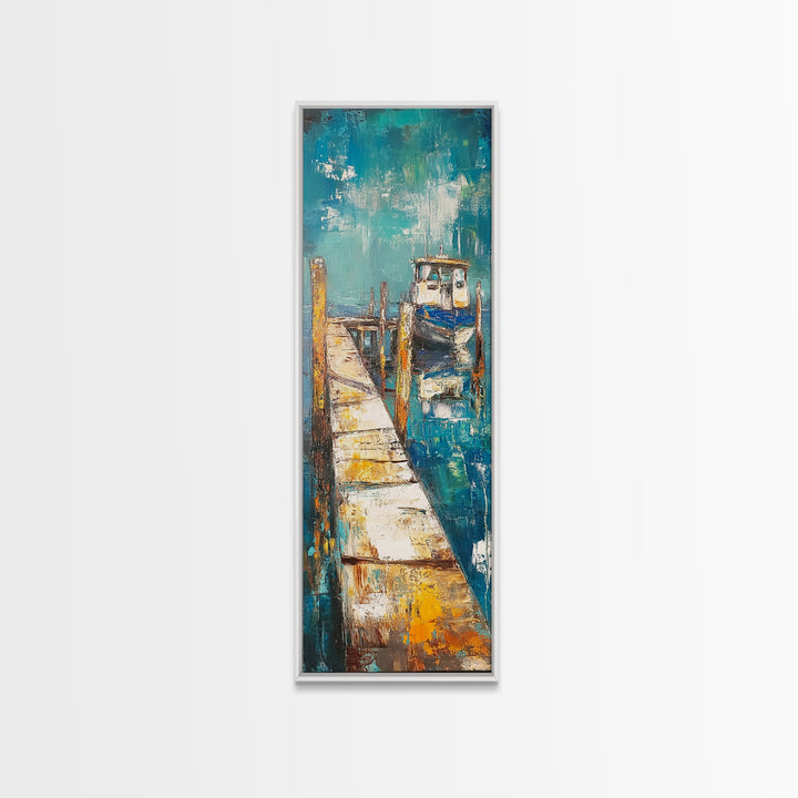 Coastal Dock Painting Canvas Print, Nautical Wall Art, Painting Morro Bay, Coastal Decor, Seascape Painting, Ocean Art, Rustic Art, Extra Wide Art, Farmhouse Art, Nautical Painting, Blue And Green Wall Art, Gift Idea, Bedroom Art