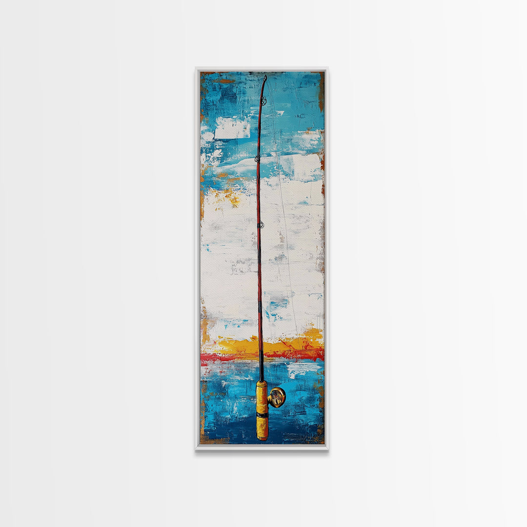 Fishing Rod Painting Canvas Print, Fly Fishing Art, Nautical Wall Art, Rustic Decor, Tall Narrow Art, Coastal Landscape Art, Above Couch Art, Fishing Wall Art, Nautical Decor, Farmhouse Art, Skinny Wall Art, Living Room Art, Gift Idea