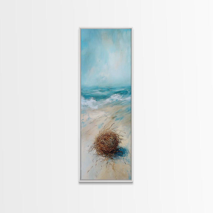 Serene Beach Nest Framed Canvas Print coastal landscape art wabi sabi wall art minimalist art nautical decor ocean painting seascape