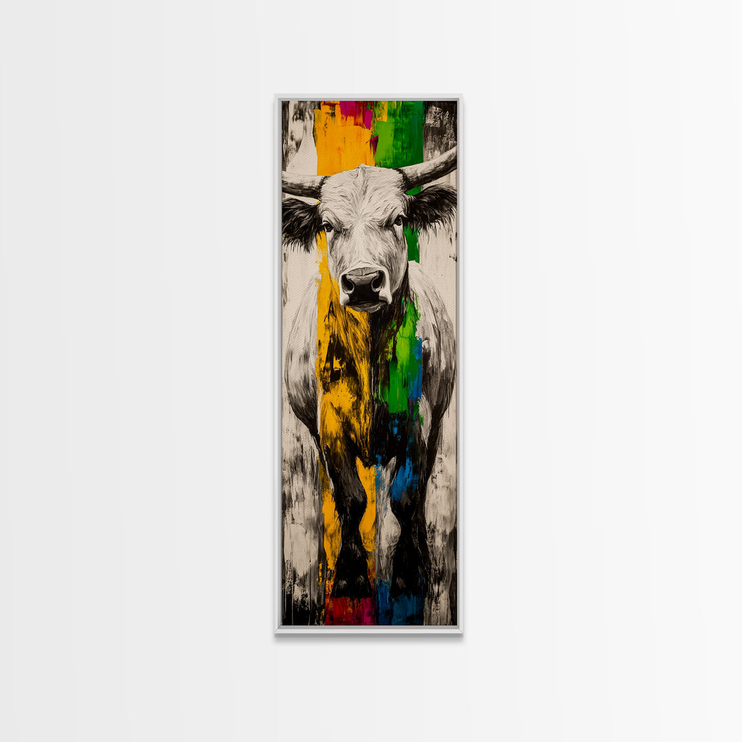 Colorful Bull Art Framed Canvas Print bull and bear art rustic decor farmhouse art southwest wall art geometric wall art extra wide art
