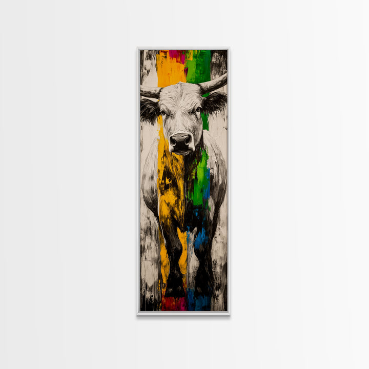 Colorful Bull Art Framed Canvas Print bull and bear art rustic decor farmhouse art southwest wall art geometric wall art extra wide art