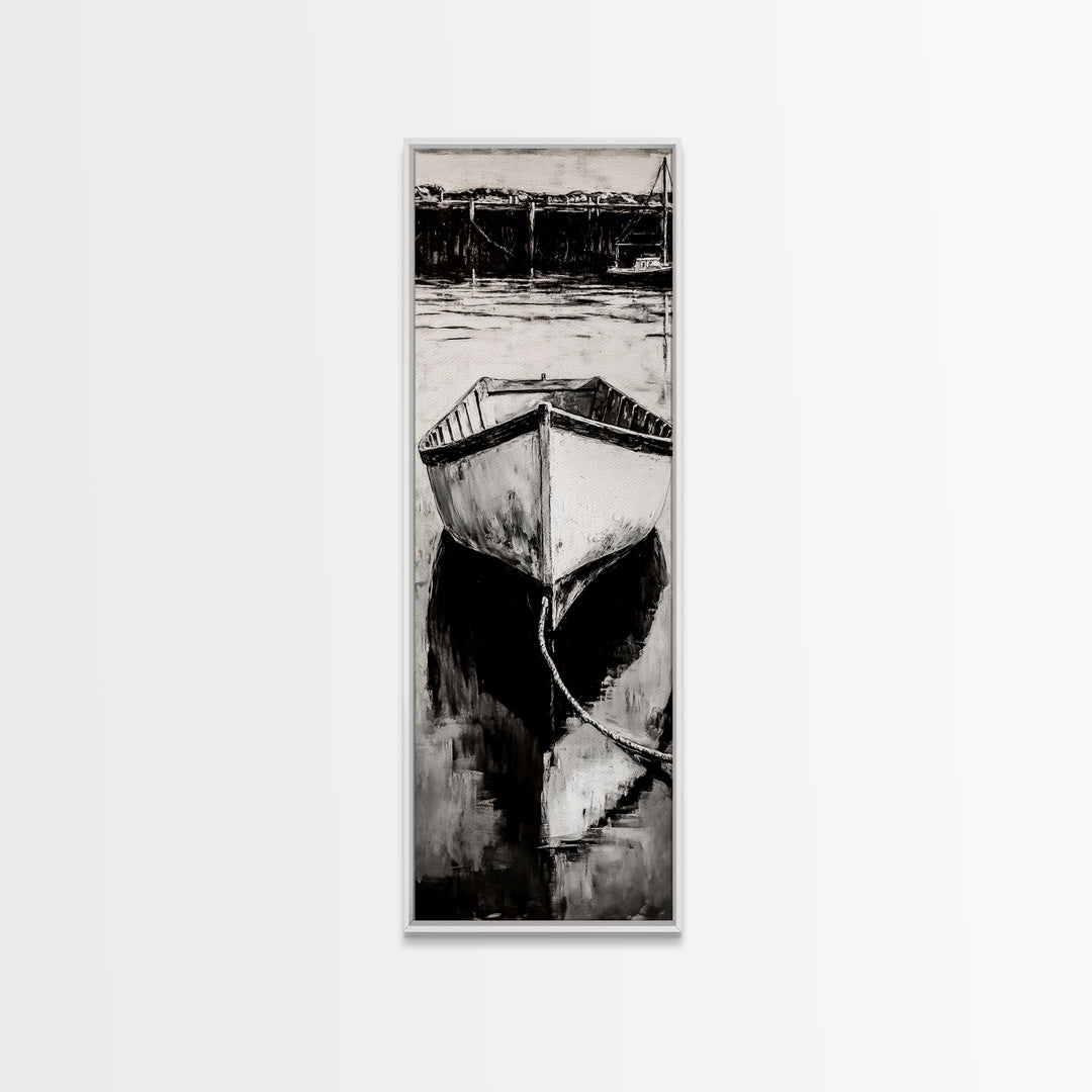 Monochrome Boat Reflection Framed Canvas Print nautical painting moody art coastal wall art nautical wall art gift idea for him